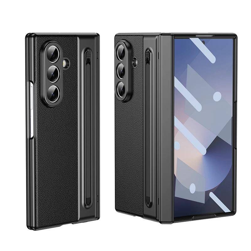 För Samsung Galaxy Z Fold 8 Ultra Z Fold 8 7 6 5 4 3 S Pen Läder Telefonfodral Gångjärnsskydd Pekpenna Inbyggt Skärmskydd vit