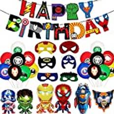 Superhero Superhjälte Fest Dekorationer Avengers Tillbehör - Grattis på födelsedagen Banner Superhjälte Folie Ballonger Tårt Topper för barn Pojkar Tema Birthday Party Decoration (A)