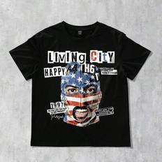 Sommarsport Casual USA flaggikon Ansiktsmask & engelsk tryckdesign Amerikansk & retrostil Lös svart t-shirt för män (L,M,S,XL,XXL)
