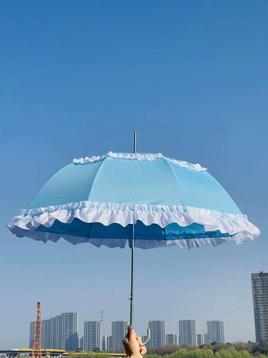 Himmelblå Lolita-flicka Dubbelspets Kreativt Paraply, Dubbelanvändning för Sol och Regn, Paraply med Långt Handtag för Sol, Lolita Bröllopsparaply cm
