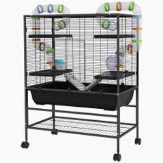 Hamsterbur på hjul med rør, hus, vanddispenser, 109 x 82 x 46 cm, sort