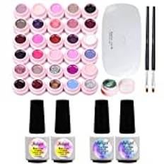 Gel nagellack startkit, 2 baslack + 2 topplack + 30 färger UV LED semi-permanent blötläggningsgelé för naglar manikyr, med 2 borstar + mini UV/LED-lampa bärbar torktumlare med USB-kabel