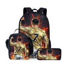 Football Star Printed Backpack Three Pieces Set (Single-Layer Backpack + Shoulder Strap Lunch Bag + Single-Layer Pencil Bag) Bag School Football Bag - Black
