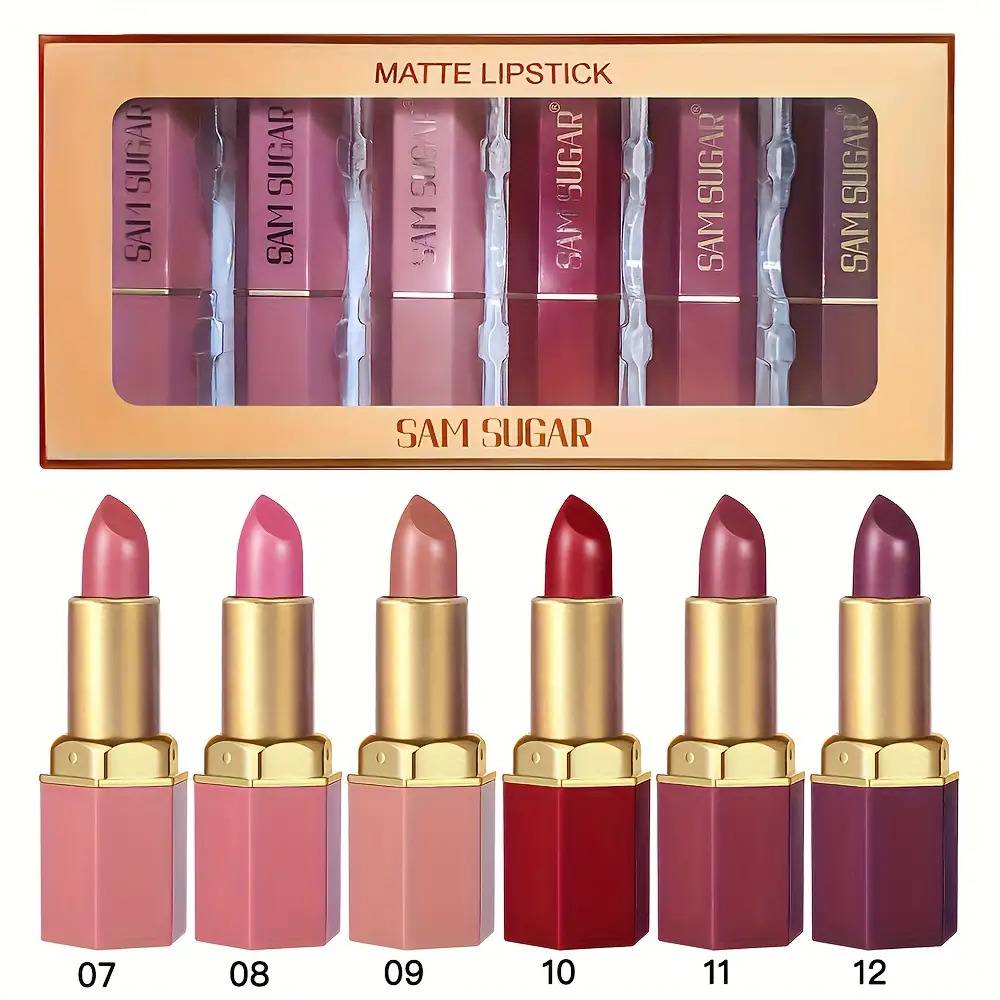 TEMU Set Of 6pcs Velvet Lipstick- Metallic Finish, Long-lasting Shine& Glitter, Perfect Gift For Women- In Orange, Pink, Purple, Red