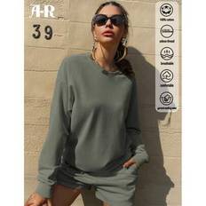 100 % bomull dam sweatshirt Pocket Shorts Set i två delar, tunna vår/sommar träningsbyxor, Casual Mångsidig Holiday Street College Style - Mörkgrön (L,M,S,XL)