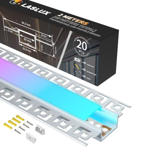 LASLUX LED Aluminium Profil 20 x 2m(40m) Aluminium Trockenbauprofil für LED Streifen bis 20 mm Breite mit milchweißer PC-Abdeckung und Zubehörset(SP44)