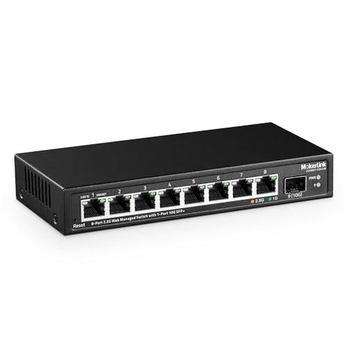 MokerLink 8 portar 2,5 gigabit hanterad omkopplare med 10 G SFP+-kortplats, 8 x 2,5 G Base-T-portar kompatibla med 10/100/1 000 Mbps, ministorlek metallhanterad fläktlös nätverksbrytare