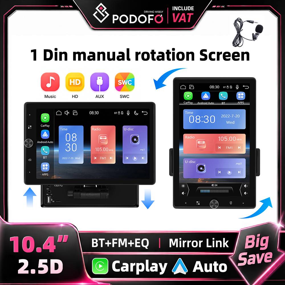 Podofo Carplay 1 Din Car MP5 Multimedia Player Manual Rotatable Touch Screen Android Auto Car Stereo Radio Bluetooth FM RDS USB Mirror Link