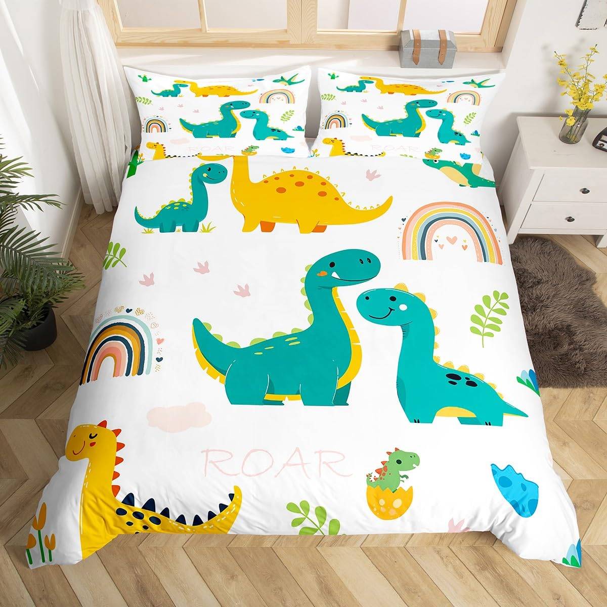 Dinosaurie Påslakan Pojkar Flickor Söt Tecknad Vild Dino Sängkläder Set för Barn Djungeldjur Täckeöverdrag Kawaii Quiltöverdrag 220cm