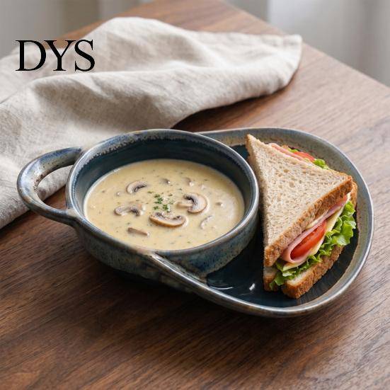 Integrated Handle Bowl Ceramic Soup with Handle, 2-in-1 Divided & Sandwich Plate, Daily Meal Container Microwave Dishwasher Safe Breakfast Tray, Retro