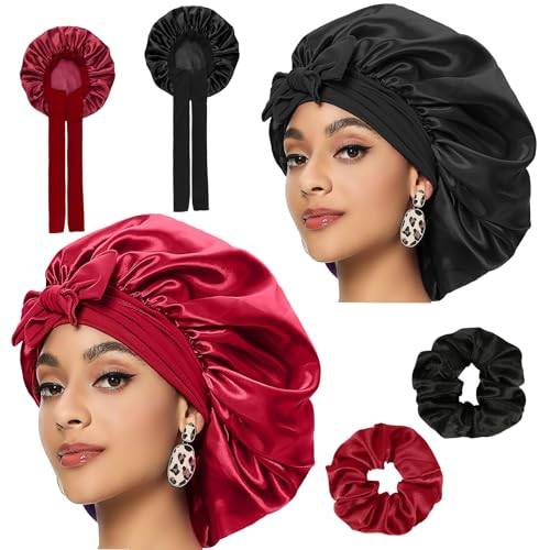 RVLZKCPG 2 Stück Bonnet, Satin Haarhaube, Schlafhaube Seide, Lockenhaube Seidenhaube zum Schlafen, Haarschutz für Die Nacht, Silk Bonnet Sleep Cap mit Elastischem Band für Damen
