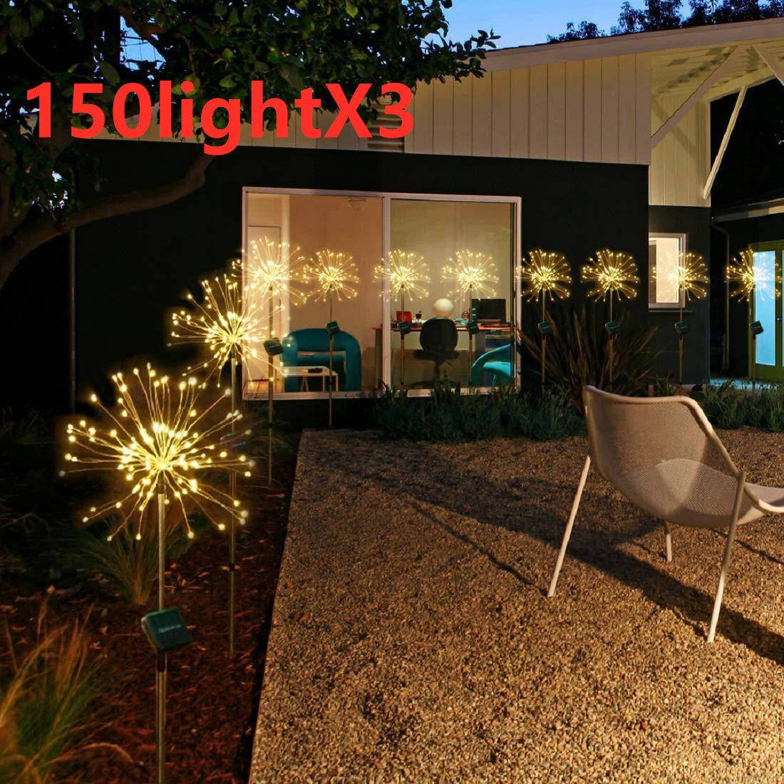 New Ground Plug Solar Fireworks Light LED Light String Copper Wire Outdoor Garden Decoration Star Lights Christmas Lights - Oval3pc / White / 150light