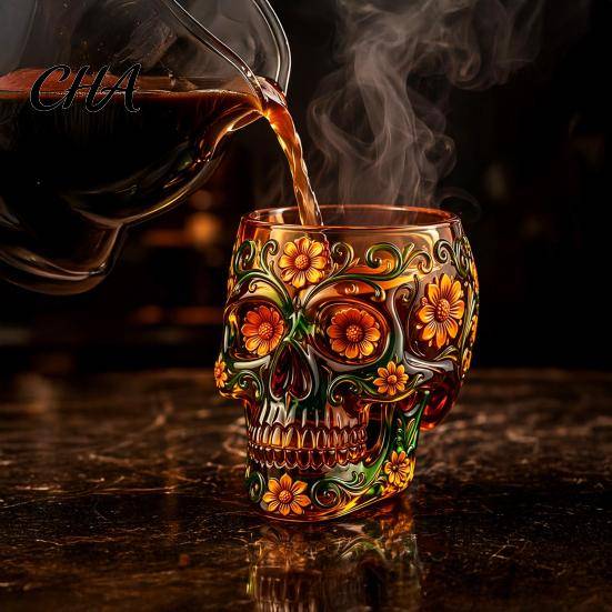 Dagen då de döda Whiskeyglas Vin Glas, med 3D Reliefmålning, Handmålad Hållbar Smakprovning Gotisk Skalle Kopp, för Halloweenfester Och Tema gray