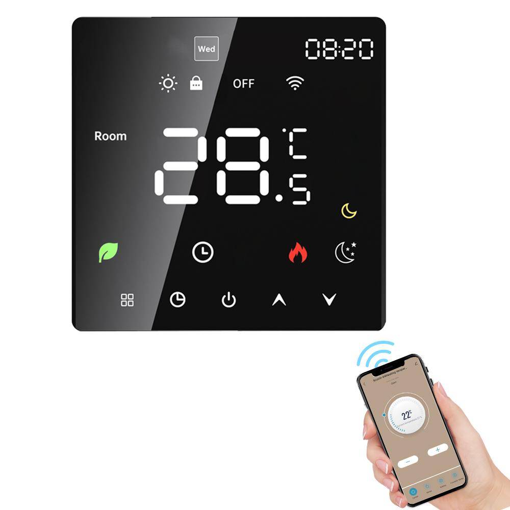 Smart termostat för hemmet Pekskärm Programmerbar temperaturkontroll IP20 skydd Auto/manuell WiFi Electric Heating svart