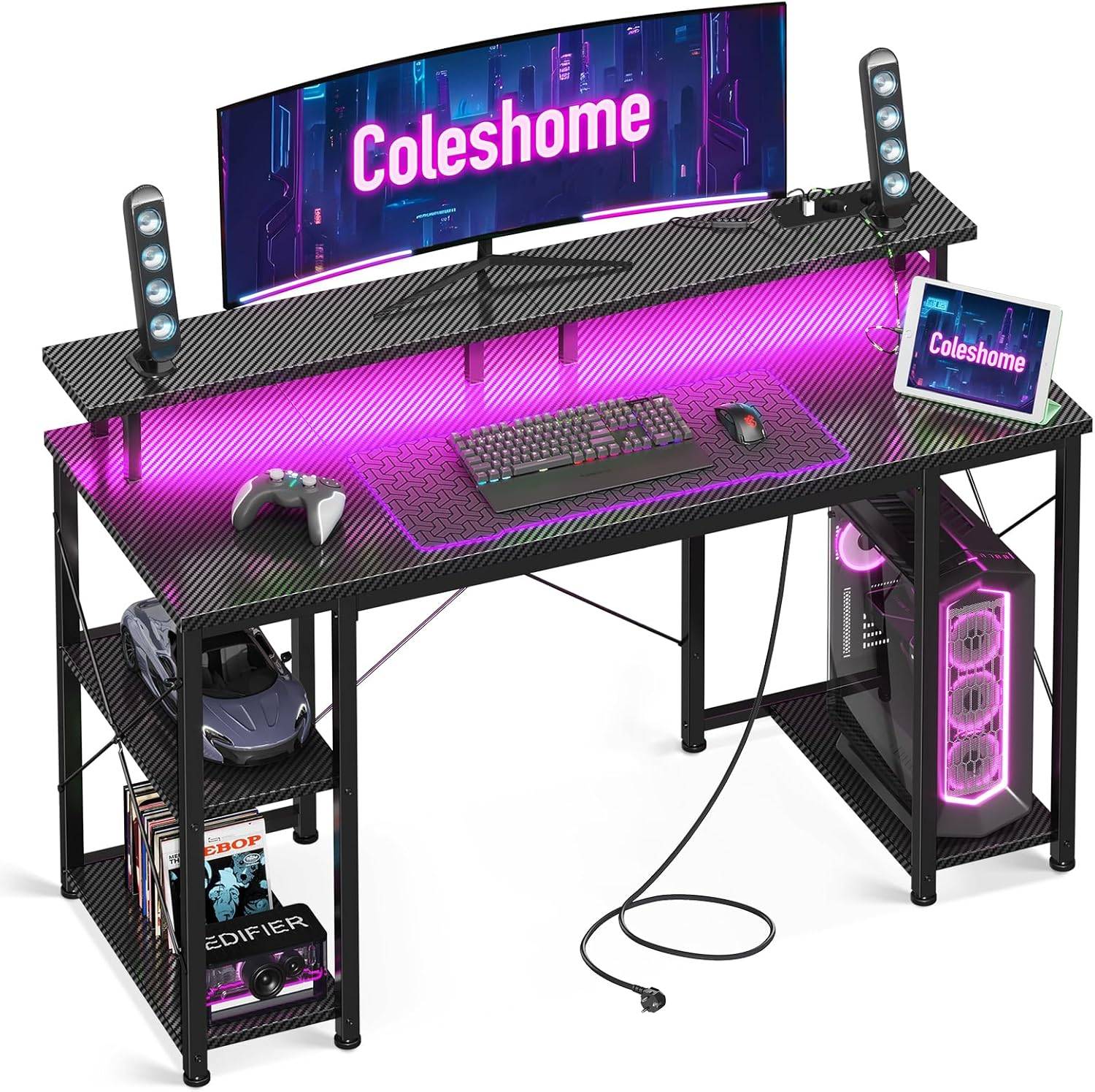 Coleshome Gaming Desk with Led, 120X50Cm Gaming Table with 2 Sockets and 2 USB Ports, Computer Desks with Shelf for Home Office, Black Carbon Fiber