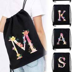 Dragskoväska Skolryggsäck Sportväska Dammode Axelryggsäckar Canvas Shoppingväska Organizer För Resor Cykling Vandring Kvinna Stor Förvaringskapacitet - Svart (A,B,C,D,E,F,G,H,I,J,K,L,M,N,O,P,Q,R,S,T,U,V,W,X,Y,Z)