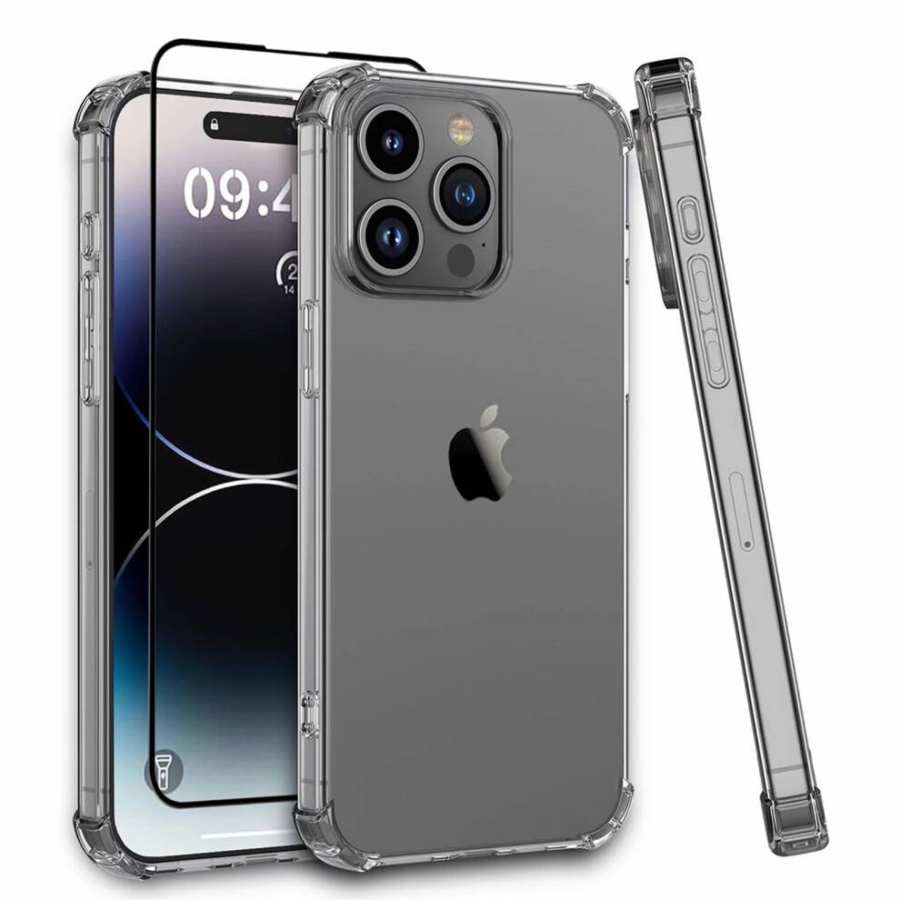 (iphone15pro, Clear) iphone transparent case with tempered glass screen protector, full body protection without yellowing