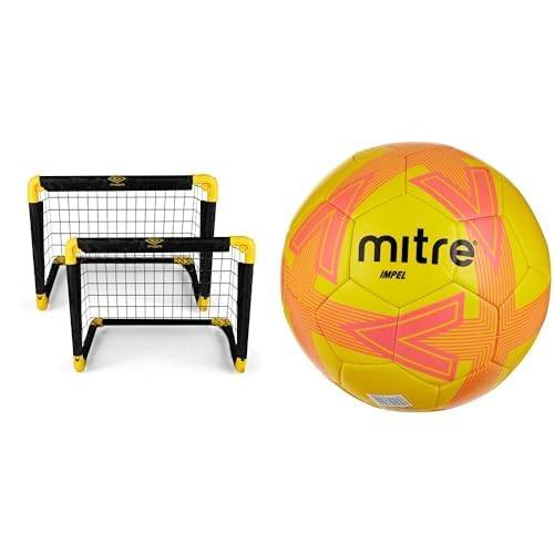 Umbro Fotbollsmål för trädgård barn och vuxna – mål set om 2 – vikbar fotbollsmål – fotbollsmål för inomhus- och utomhusbruk – 50 x 44 x 44 cm – svart/gul & Mitre Impel L30P fotboll