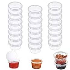 Jesdavan Plastbehållare med lock, 50 stycken plastmuggar med lock liten, återanvändbar 2 oz såsbehållare, miniburkar med lock perfekt för förvaring av snacks dips kryddor