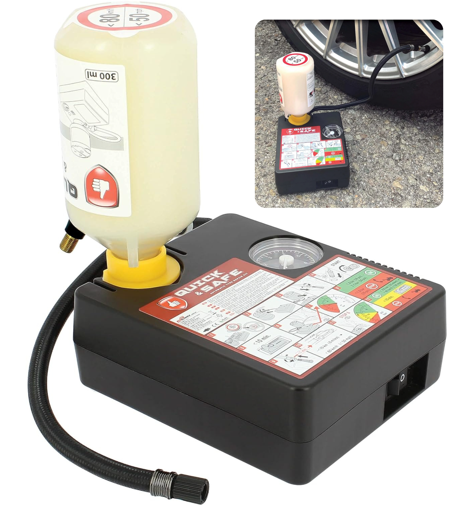 Dækreparationskit Universal 12V - Kompressor (120W) & lappegele - 300 ml. (inkl. adaptere)