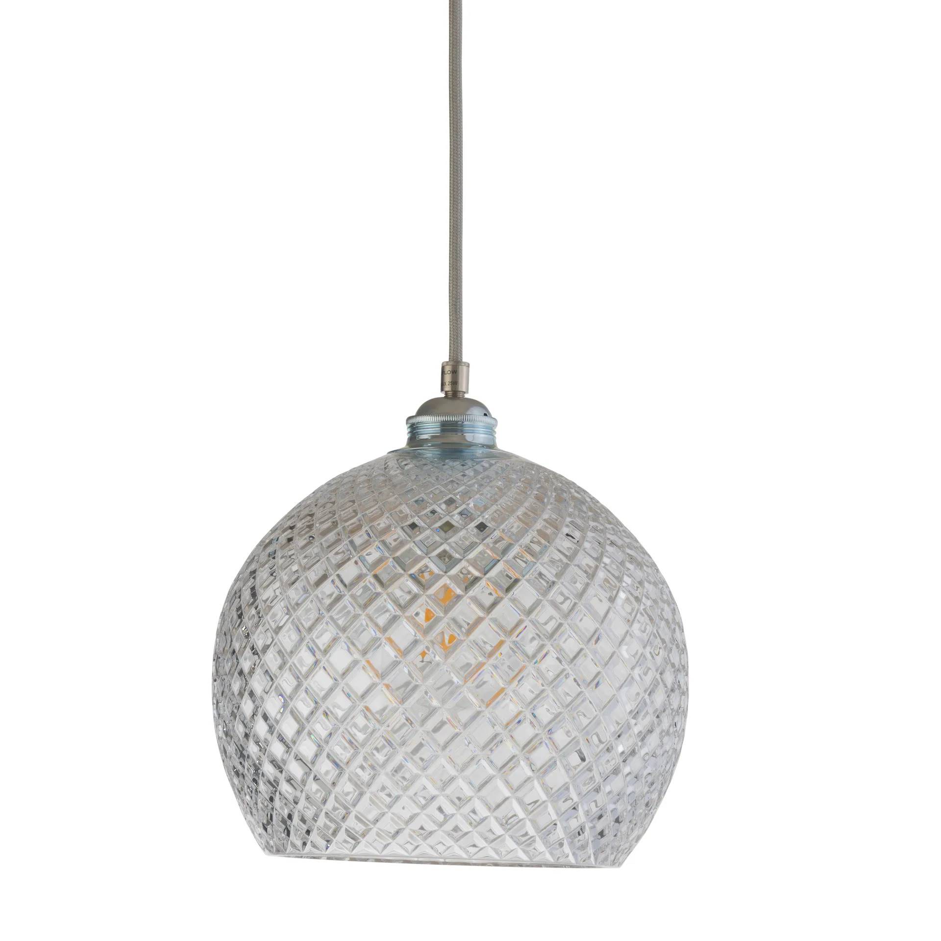 EBB & FLOW Rowan loftlampe Crystal Ø 22 cm small + sølv- farvet snor ledning.