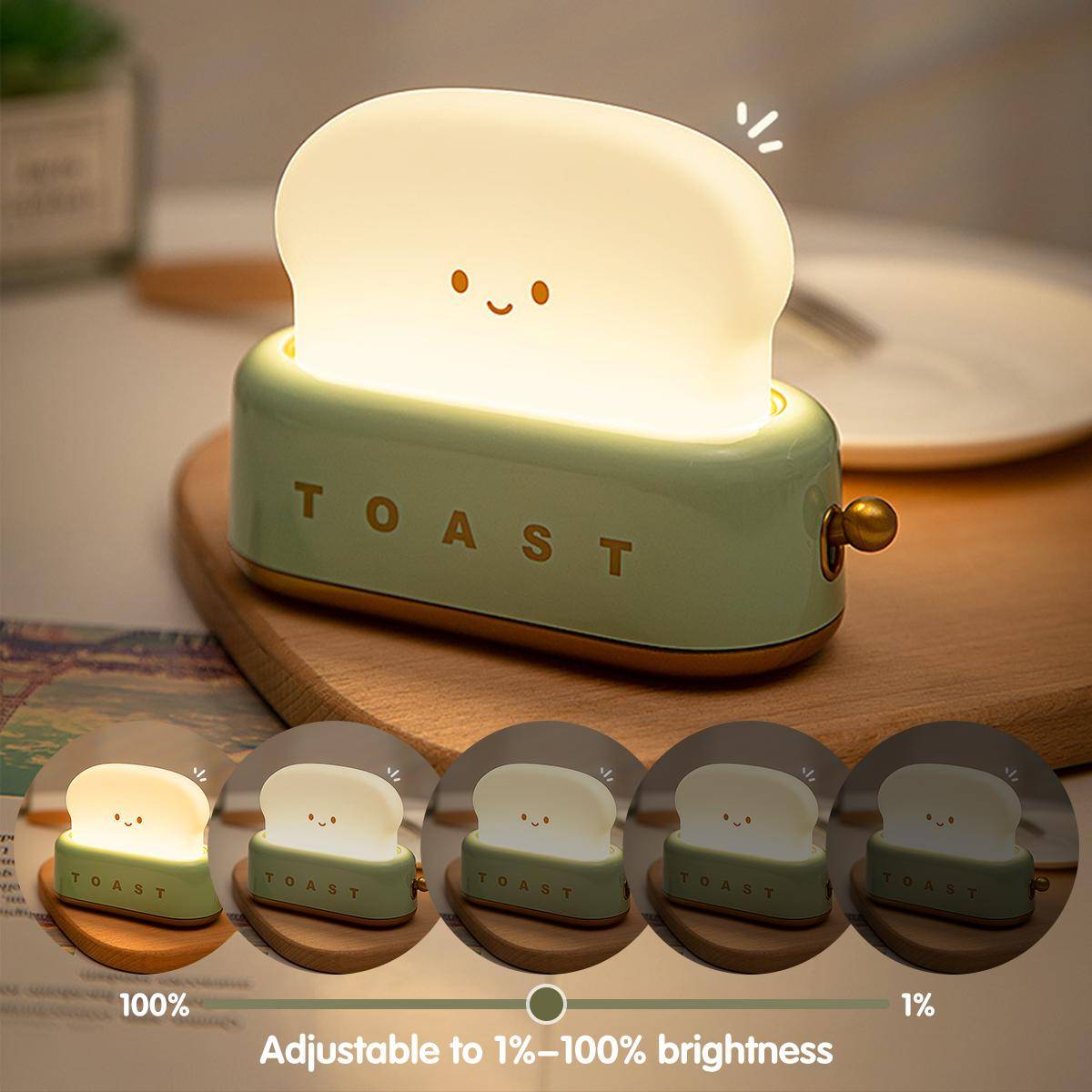 Toast Nattljus Söt Bröd LED Nattlampa Laddning Läkande Atmosfärsljus Sovrumsbord sovljus Timer och dimbar grön