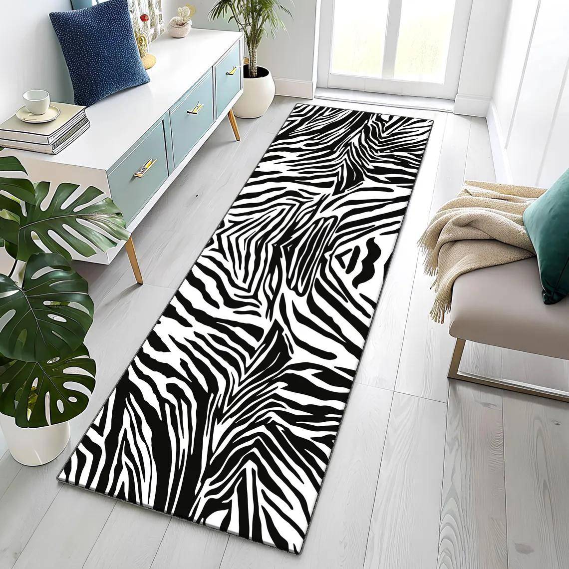 Lyxig Zebra-mönstrad löpare Matta Halkfri Hall Entré Matta 3D Djurrandig Kök Golvmatta Lång Sängkant Heminredning