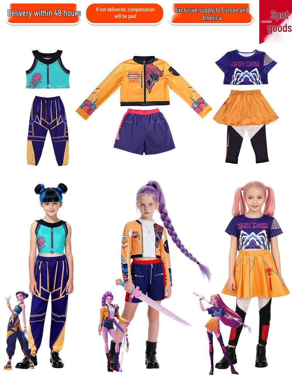 K-POP Zoey Cosplay-kostymer: Svart & Guld Demonjägare Prestanda-outfits för Barn cm blue