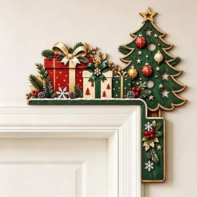 1 st vintage julgransdekor för dörrkarmshörn, trädörrskrönsornament i rustik stil i utskuret MDF-trä med presentask, kotte, bär och färgglada kulor, j - Multifärgad (Julgran 25 cm/9,84 tum,Julgran 20 cm/7,87)