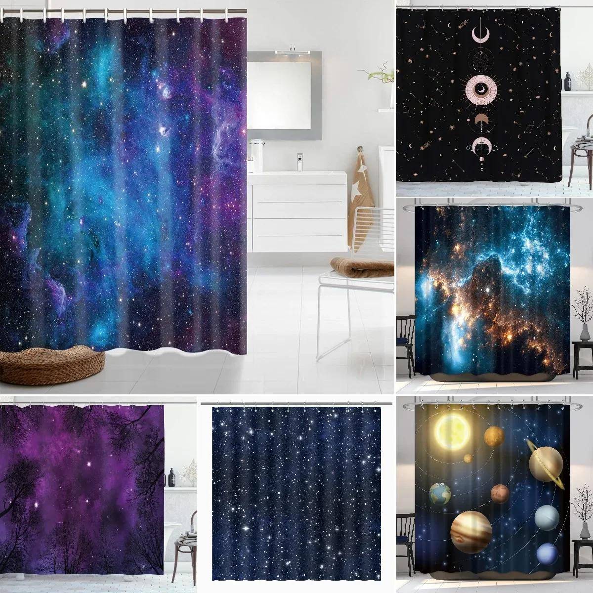 Stjärnklar Rymd Duschdraperi Blå Galax Duschdraperier Nebulosa Vattentätt Polyestertyg för Badkar Badrumsinredning med Krok