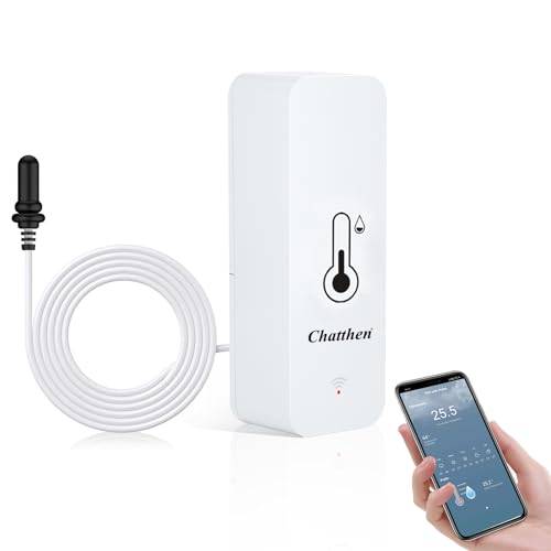 eMylo wifi temperatursensor, digital hygrometer inomhus och utomhus med extern sond, kylskåpstermometer mätare, app-skärm, babyrumstermometer för kylskåp, akvarium, vit 1-pack