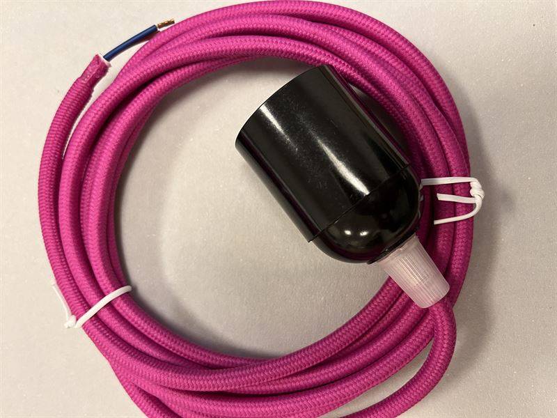 2 mtr pink stof ledning m/sort E27 plast fatning