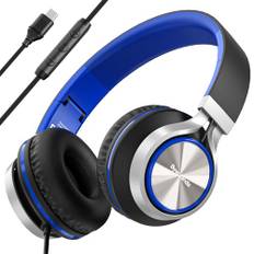 Bywulanda USB C Headphones with Mic and Volume Control, Over Ear Stereo Headsets for iPhone 15 16 Pro, Wired Foldable Headphones for Smartphones Chromebook Laptop Tablets Travel(Black/Blue)