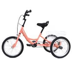 3-hjulad cykel med stor korg, trehjuling, 16-tumscykel, orange, för barn 7–10 år