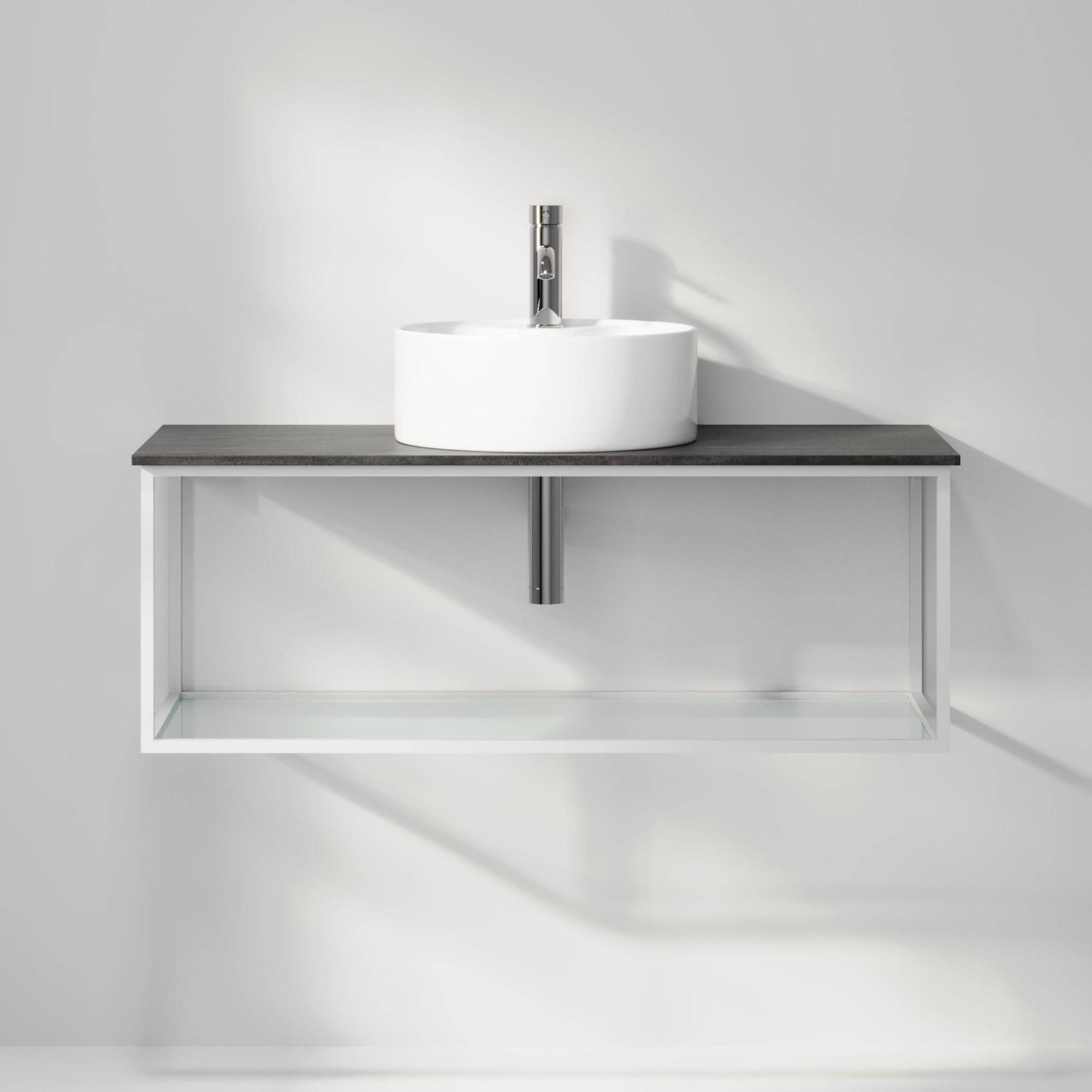 Badrumsmöbel med öppen metallram och botten i härdat glas - 100x46x50 cm - matt svart - vit fristående Porslin tvättställ - Bänkskiva i betonglook - Stenstorp