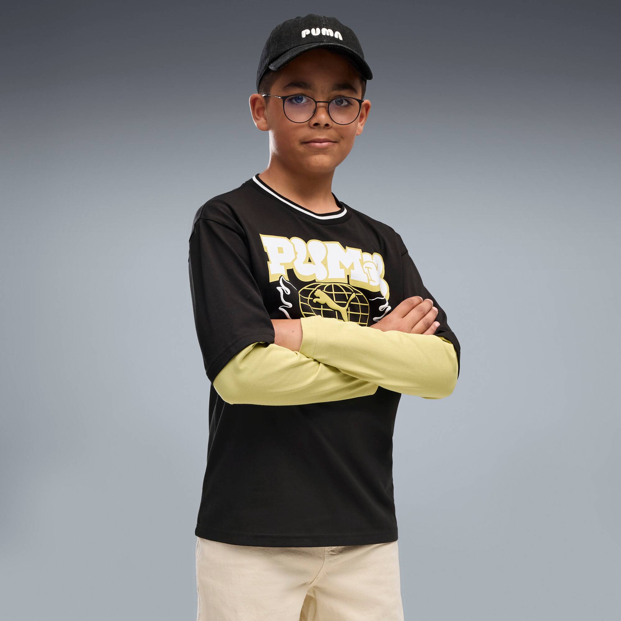 PUMA MID 90s Relaxed Layered Long Sleeve Tee Youth, Kids, Black, 9-10Y