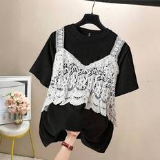 Plus Size Women&#39;s Spring/Summer Knitted Lace Patchwork Round Neck Drop Shoulder Short Sleeve Loose Casual Fashion Elegant Chic T-Shirt For Daily Wear - Multicolor - 0XL,1XL,2XL,3XL,4XL
