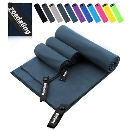 Fosdaling Mikrofaser Handtuch 3er Set - Groß 180×90cm & 2 Klein 80×40cm, Schnelltrocknend Microfaser Sporthandtuch, für Reisehandtuch, Badetuch, Fitness & Sport Handtücher und Strandtuch (Marineblau)