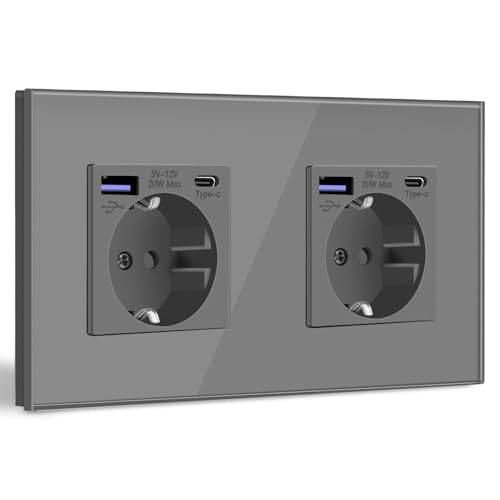 Bseed Schuko-uttag med USB C 20 W snabbladdare och glaspanel, 2 väggbrytare, infällt USB-uttag, inbyggt uttag, lämpligt för iPhone, iPad, Galaxy etc., grått
