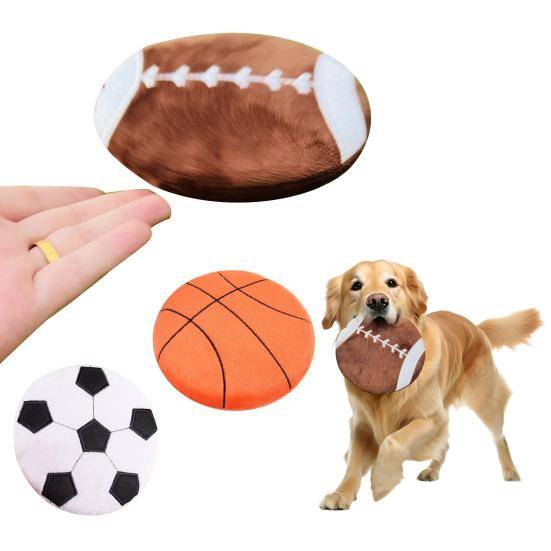 Flat Ball Dog Toy Soft Plush Flying Disc Squeaky Chew Toy Football Basketball Rugby Ball Fetch Toy for Puppy Teething Anxiety Relief Interactive Play