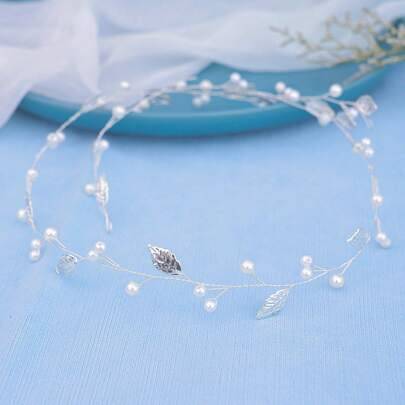 1 st elegant tiara för kvinnor till bröllop, lövformad i legering med konstpärlor och detaljerad mjuk kedja, huvudbonad - Silver (En-Storlek)
