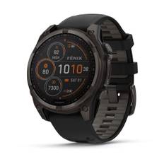 Fenix 8 - 47mm, Solar Running Smartwatch - Sapphire/Carbon Grey DLC Titanium w Black/P.Grey Silicone Band / 47mm