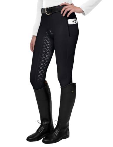 FitsT4 Sports Damen Reitleggings Silikon Vollbesatz Reithose mit Handytasche und Gürtelschlaufen,Schwarz,Gr.S