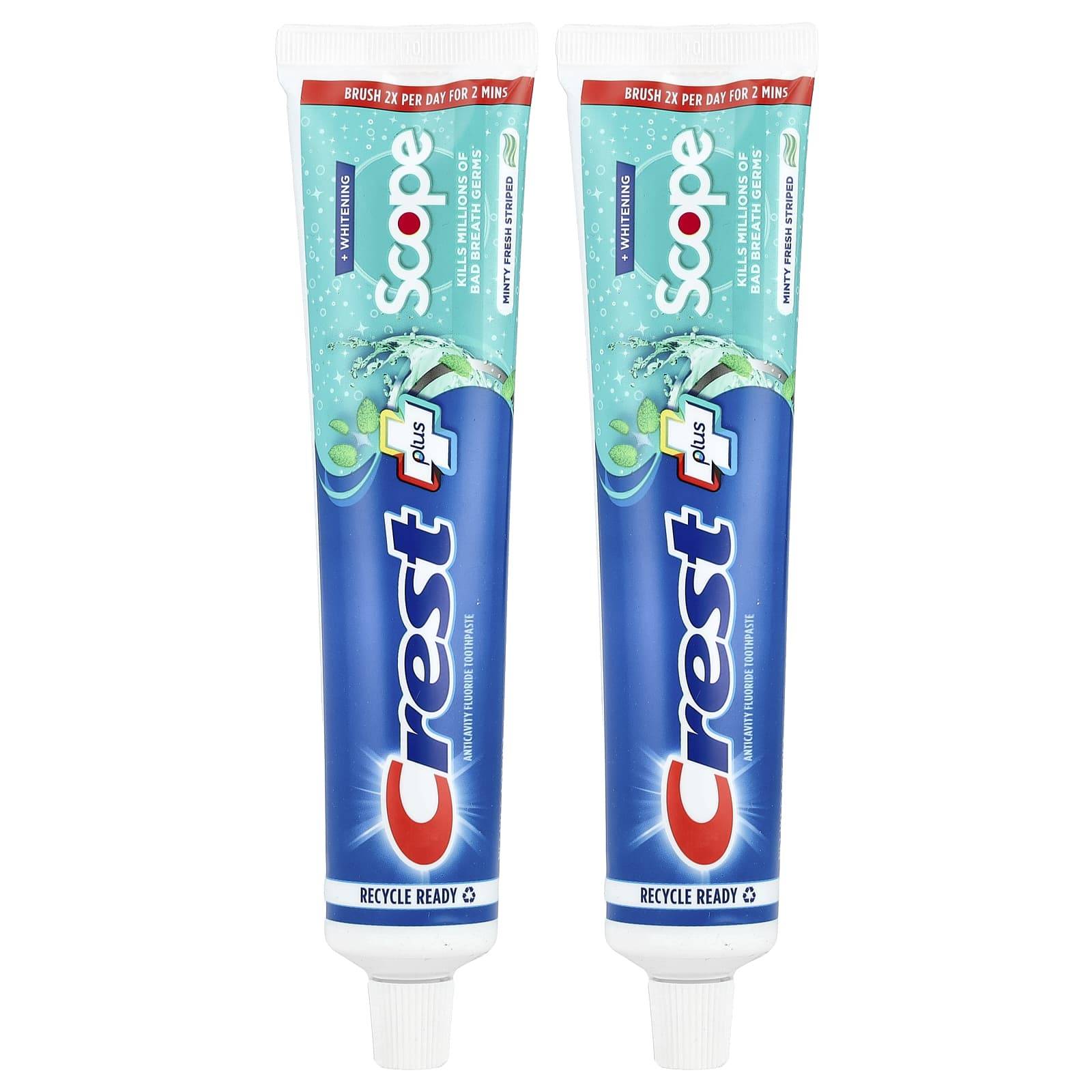 Crest, Plus Scope, anti-cavity fluoride toothpaste, Minty Fresh Stripe, 2 packs, 153 g (5.4 oz) each
