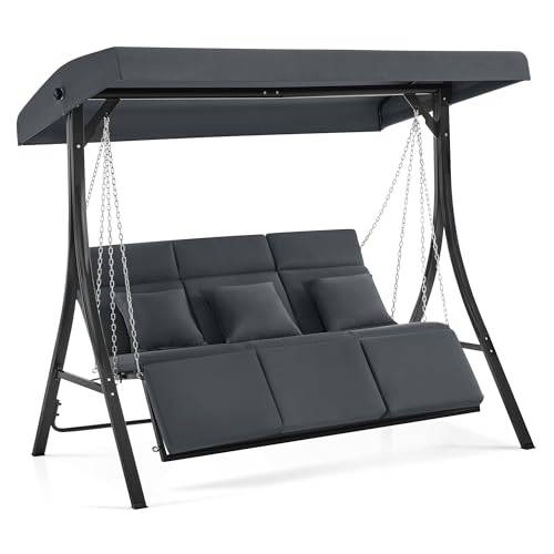 M MCombo Hollywoodschaukel mit Liegefunktion, Gartenschaukel 3 Sitzer Wetterfest, Outdoor Schaukelbank mit Metallketten, Verstellbarem Dach, 123 * 194 * 169 cm, 8018 (Dunkgelgrau)
