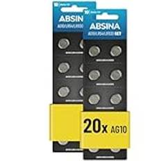 ABSINA AG10 LR1130 knappcell 20-pack – 1,5 V alkaliska knappceller läckagesäker och med lång hållbarhet – LR54/V10GA/RW49/G10A/189/GP189/L1130/89A – knappbatterier batteri