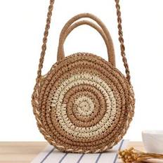 Fashion Color Block Striped Woven Straw Oversized Tote Bag - Camel