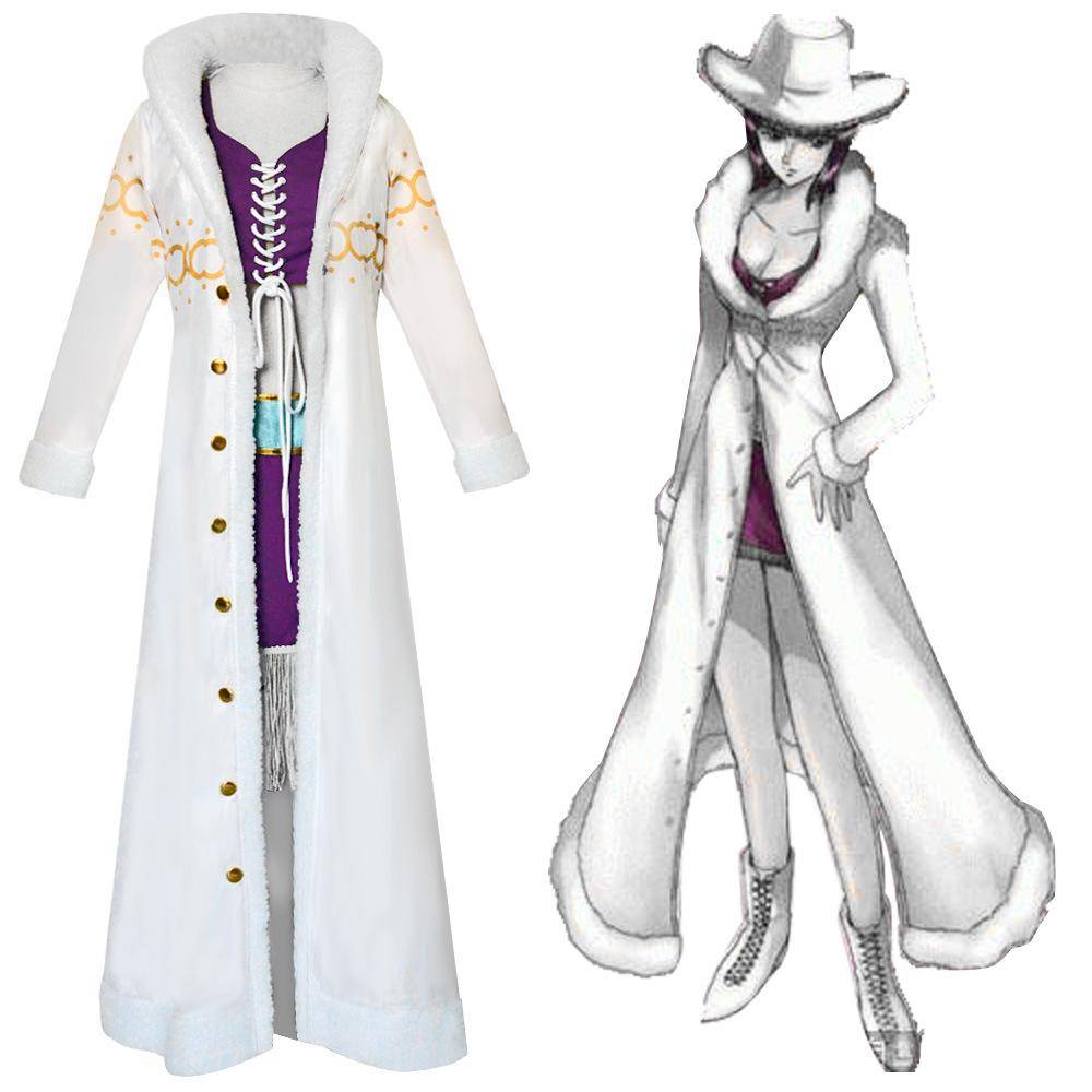 One Piece Nico Robin Cosplay Kostymset med Stor Pälskrage Halloween Anime Rollspelsutstyrsel för Kvinnor cm vit