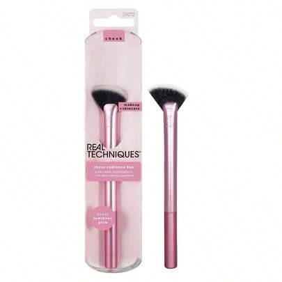 Real Techniques Sheer Radiance solfjädersformad makeupborste, för highlighter + ansiktsoljeabsorberande puder, skapa ansiktsglöd, aluminiumhylsa, rosa - Babyrosa
