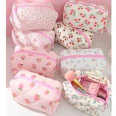 1 Piece Floral Cosmetic Bag Quilted Makeup Pouch Quilted Octagonal Makeup Pouch Zippered Pouch Portable Cosmetic Brushes Storage Bag Stationery Storag - Multicolor - Cherry,Beige,Pink Flower Bag,Green Leaf,Apple,Peach,Deep Red Cherry